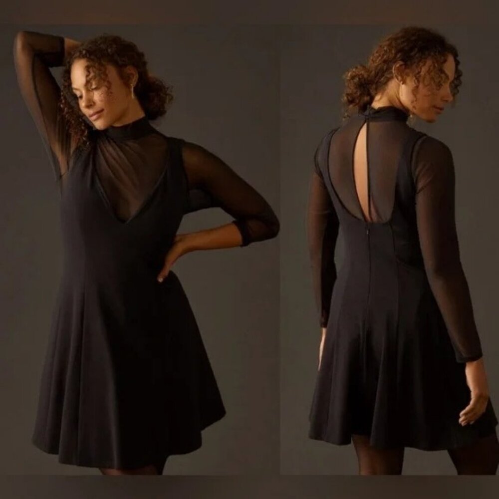 Anthropologie Maeve Layered Mesh Sheer Mini Dress Long Sleeve NWT
